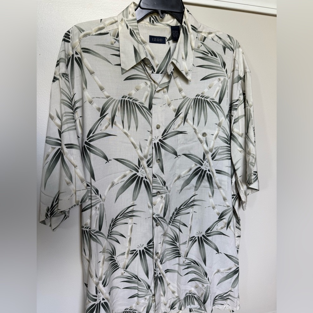 Vintage Izod cream green palm tree Hawaiian resort button down shirt L